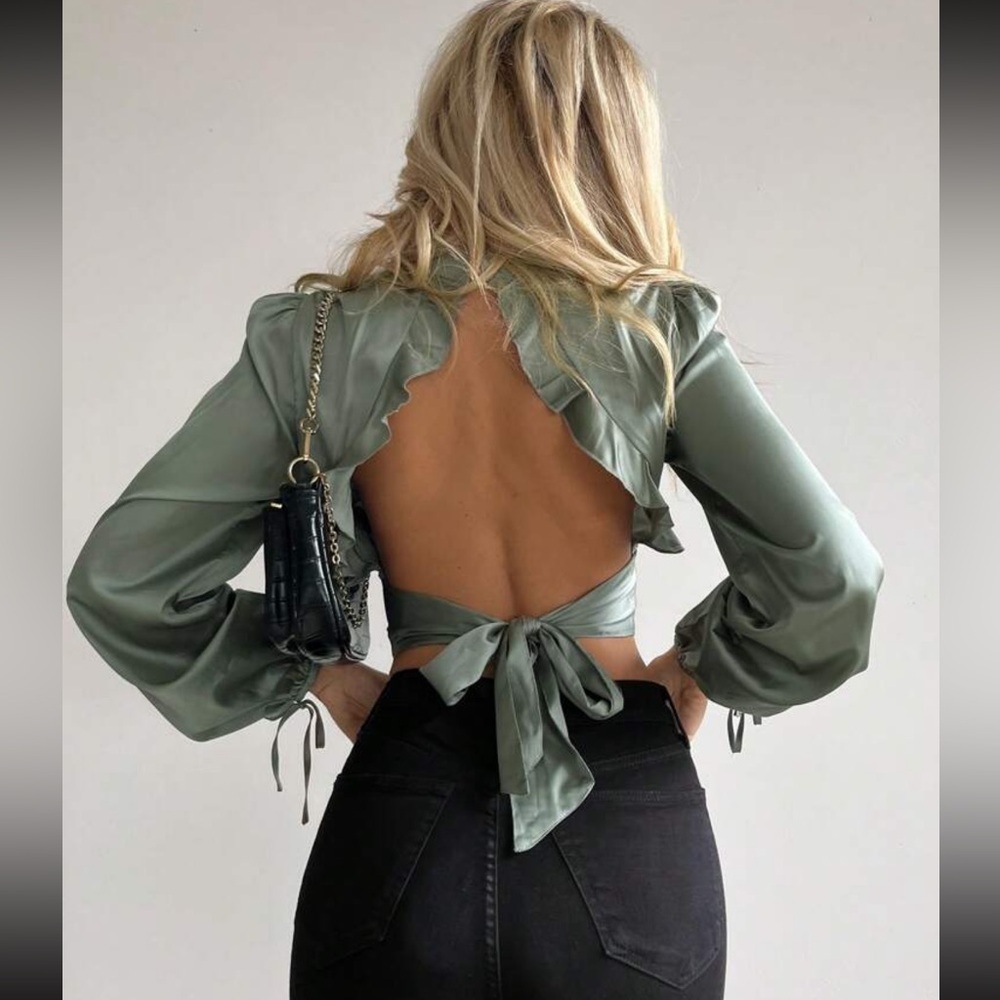 Satin Long Sleeve Puff Sleeve Open Back Green Top
